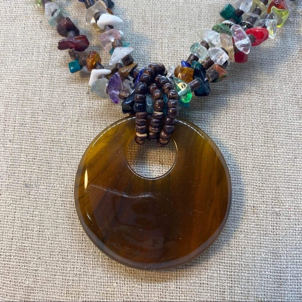 Multicolored Bead Necklace with Pendant-3 Strands